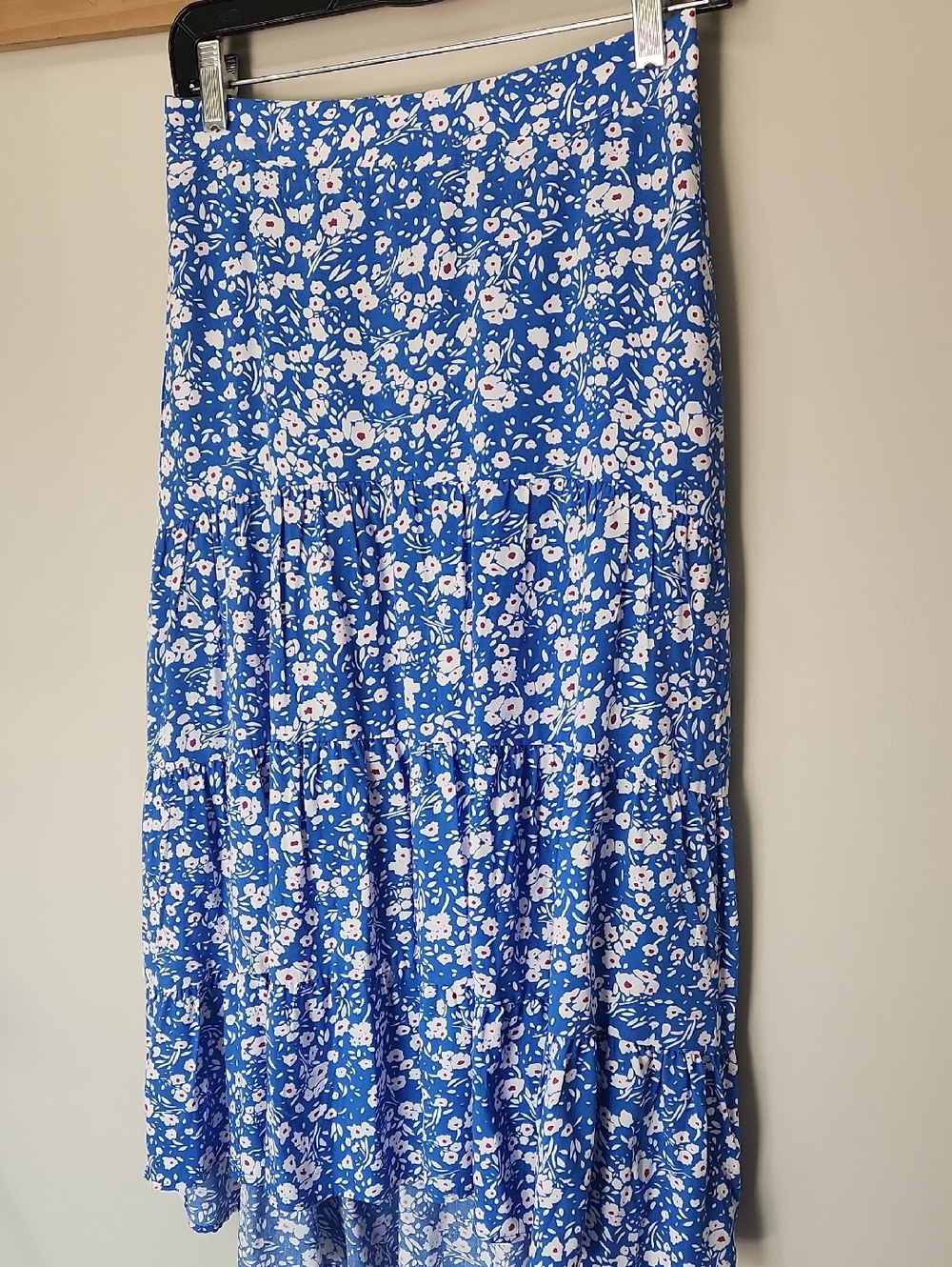 PrettyGarden Women's Blue White Floral Tiered Midi Skirt Boho High Low Hem Small